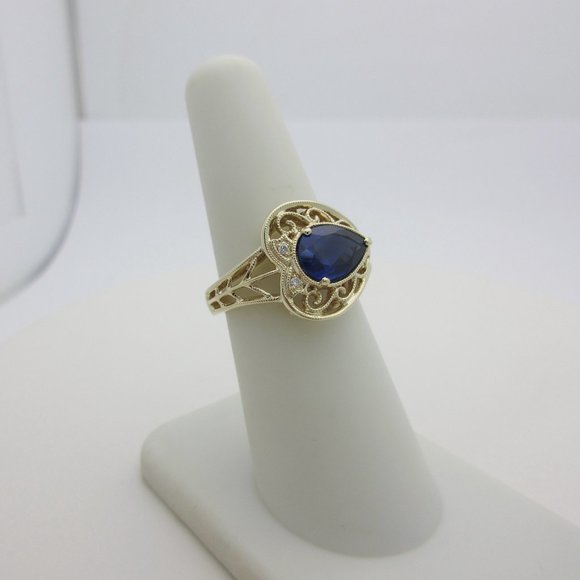 14k Blue Sapphire Diamond Ring Natural Pear Jewelry Filigree Sophia Fiori 6 1/2 - Picture 9 of 9